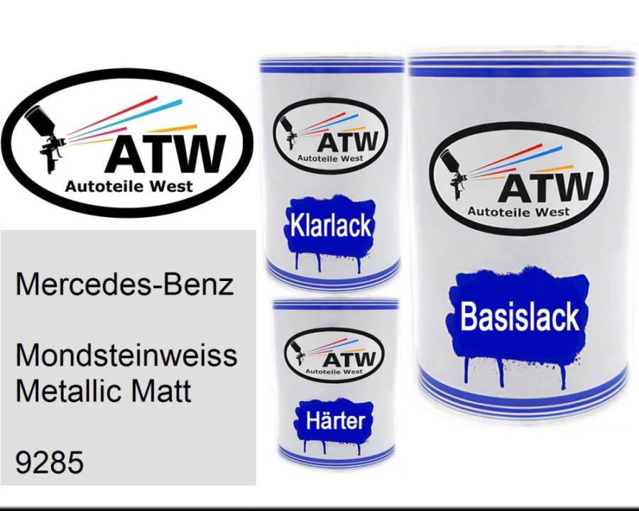 Mercedes-Benz, Mondsteinweiss Metallic Matt, 9285: 500ml Lackdose + 500ml Klarlack + 250ml Härter - Set, von ATW Autoteile West.